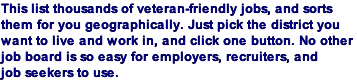 This list thousands of veteran-friendly jobs, and sorts  them for you geographically. Just pick the district you  want to live and work in, and click one button. No other  job board is so easy for employers, recruiters, and  job seekers to use.